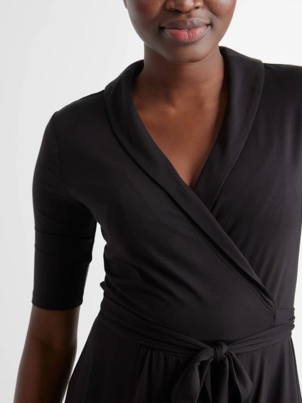 Quince Black Tencel Midi Wrap Dress, Large, Soft Stretch, Sustainable, Office - Picture 3 of 6